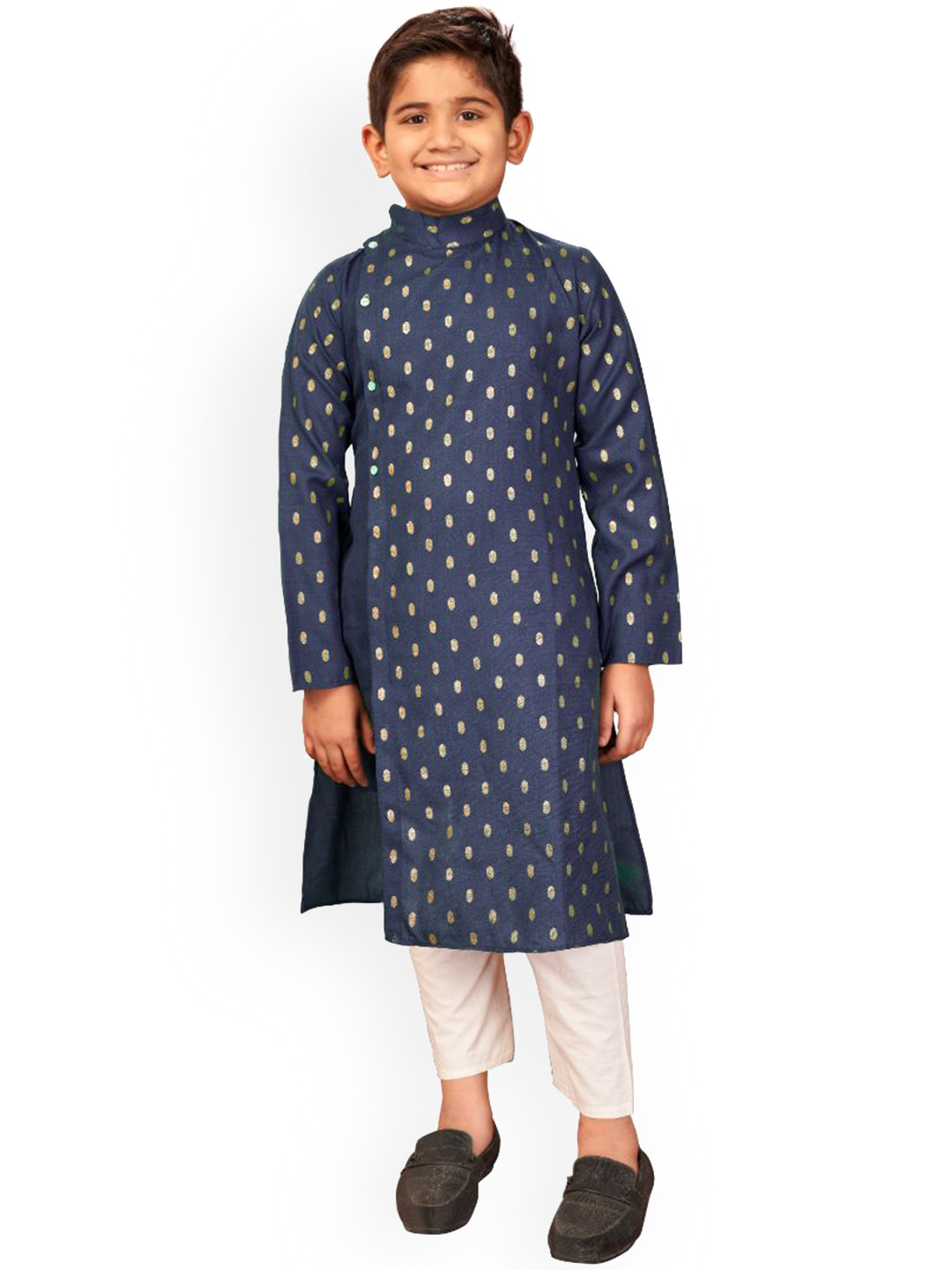PERFECTBLUE Boys Band Collar Long Sleeves Geometric Printed Cotton Straight Kurta