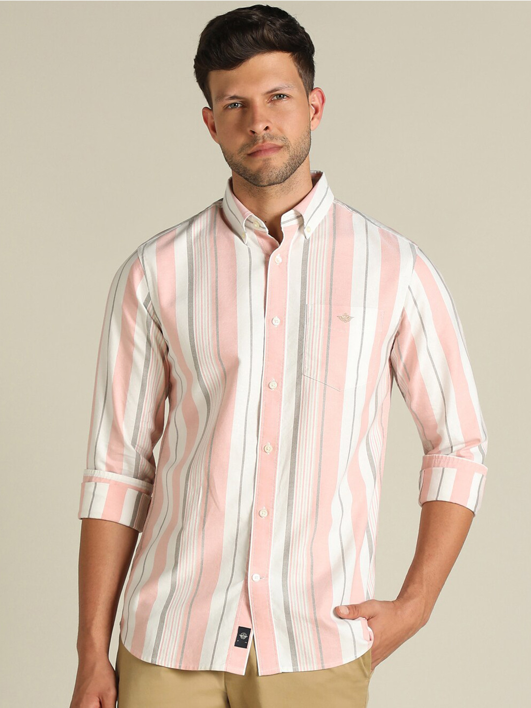 Dockers Men Striped Orange Classic Fit Shirt