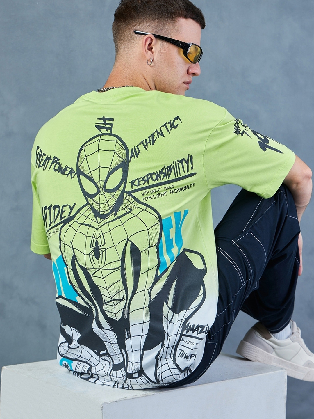 Bewakoof Spiderman Printed Drop-Shoulder Sleeves Oversized Cotton T-shirt