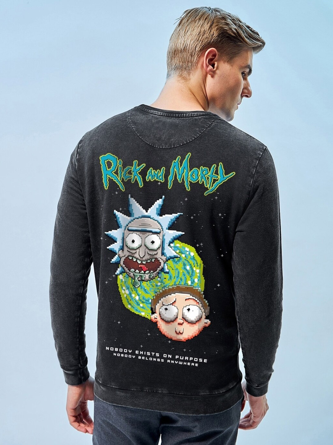 Bewakoof Black Rick and Morty Printed Round Neck Long Sleeves Cotton Pullover Sweatshirt