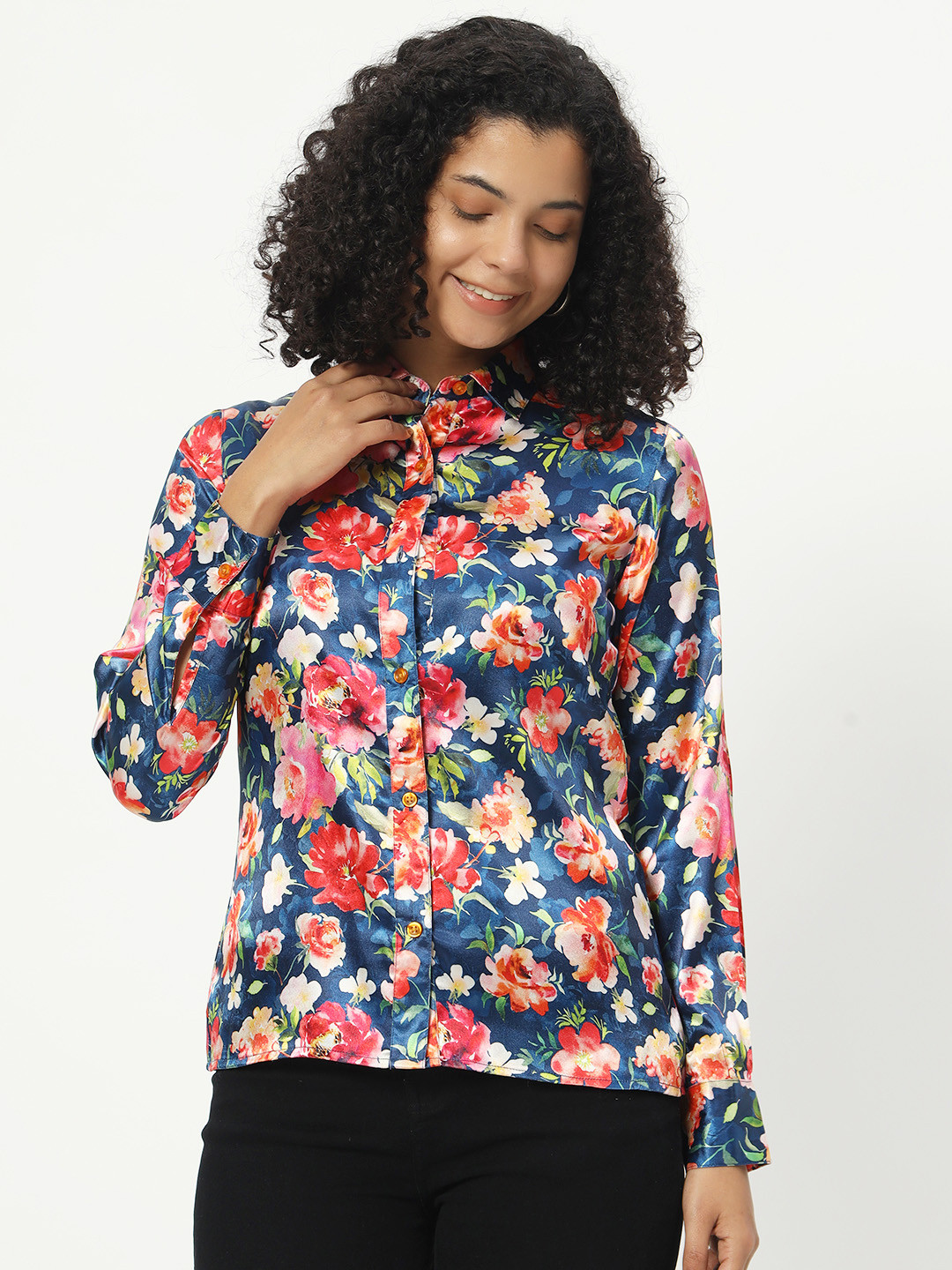 CHARMGAL Classic Floral Printed Satin Casual Shirt