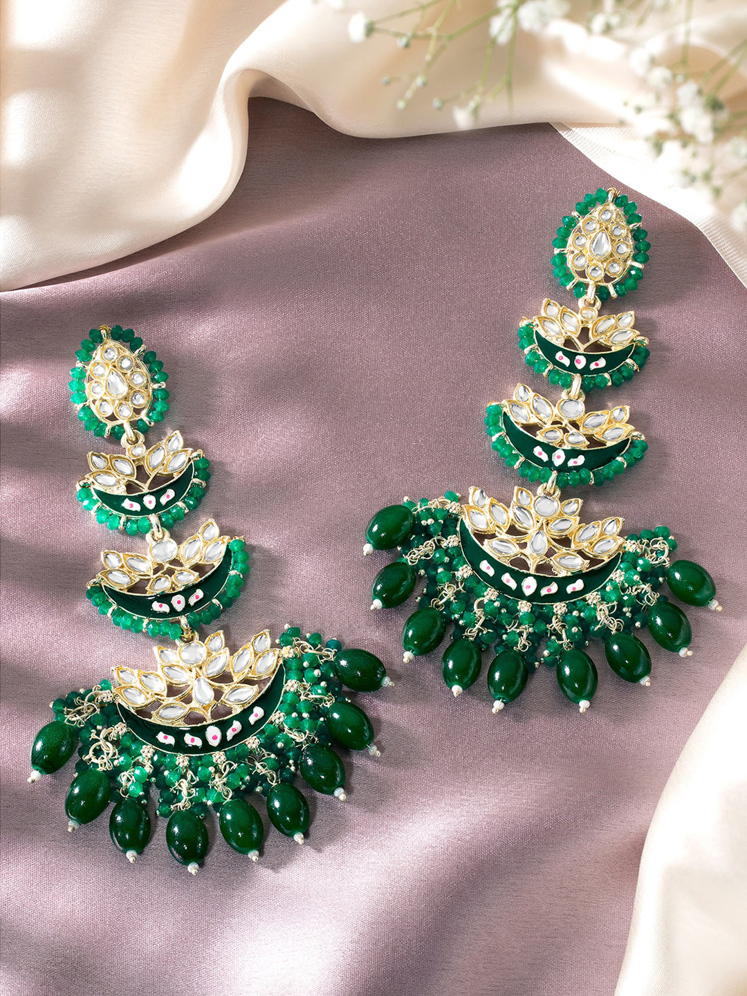 Peora Gold-Plated Kundan-Studded & Beaded Dangle Drop Earrings