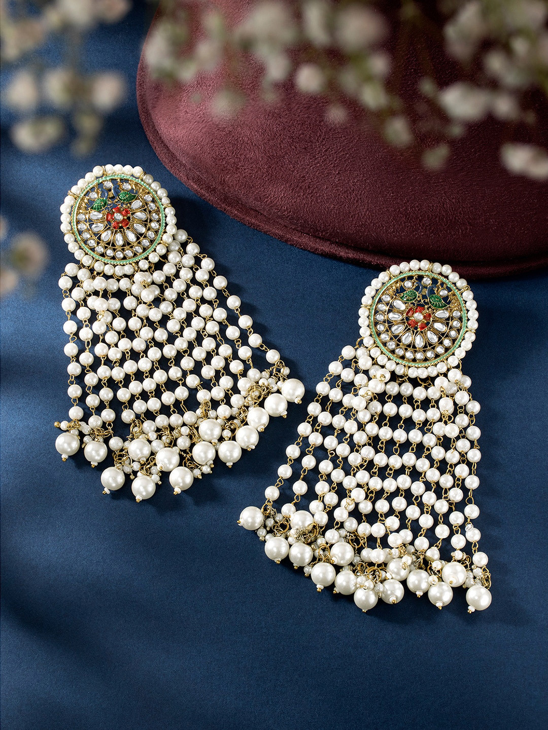 Peora Gold-Plated Kundan-Studded & Beaded Dangle Drop Earrings
