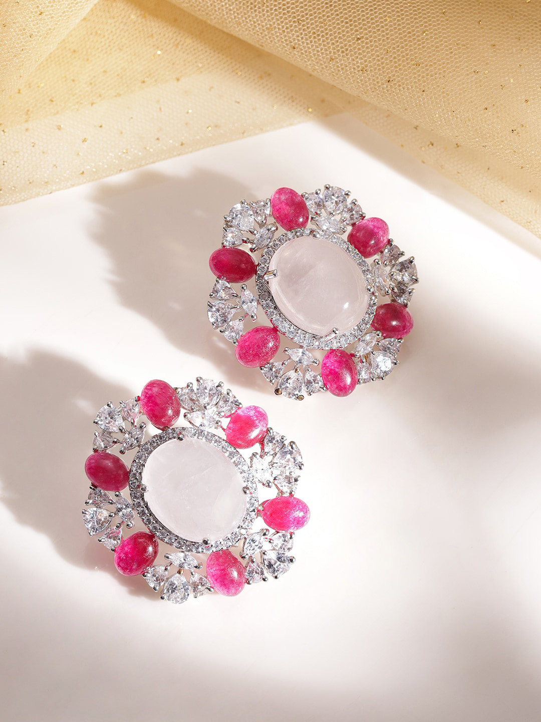 Rubans Rhodium Plated Premium Stud Earrings with Pink and Clear Gemstones & CZ Studded