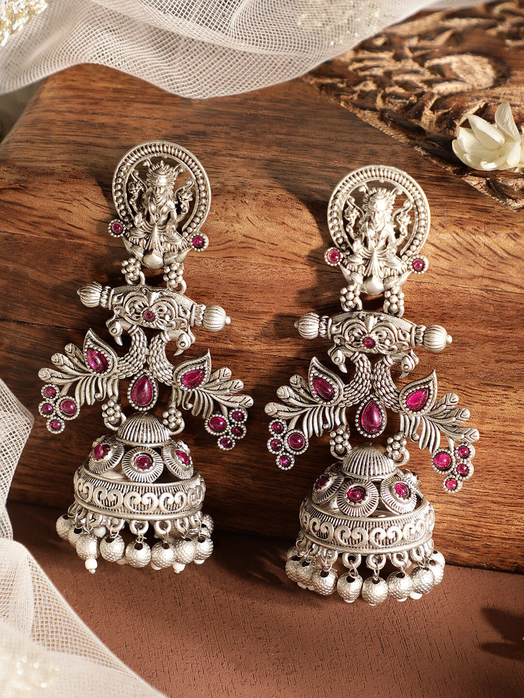 Rubans Rhodium-Plated Pink Stone-Studded Lakshmi Motif Oxidized Dome Shaped Jhumka Earring