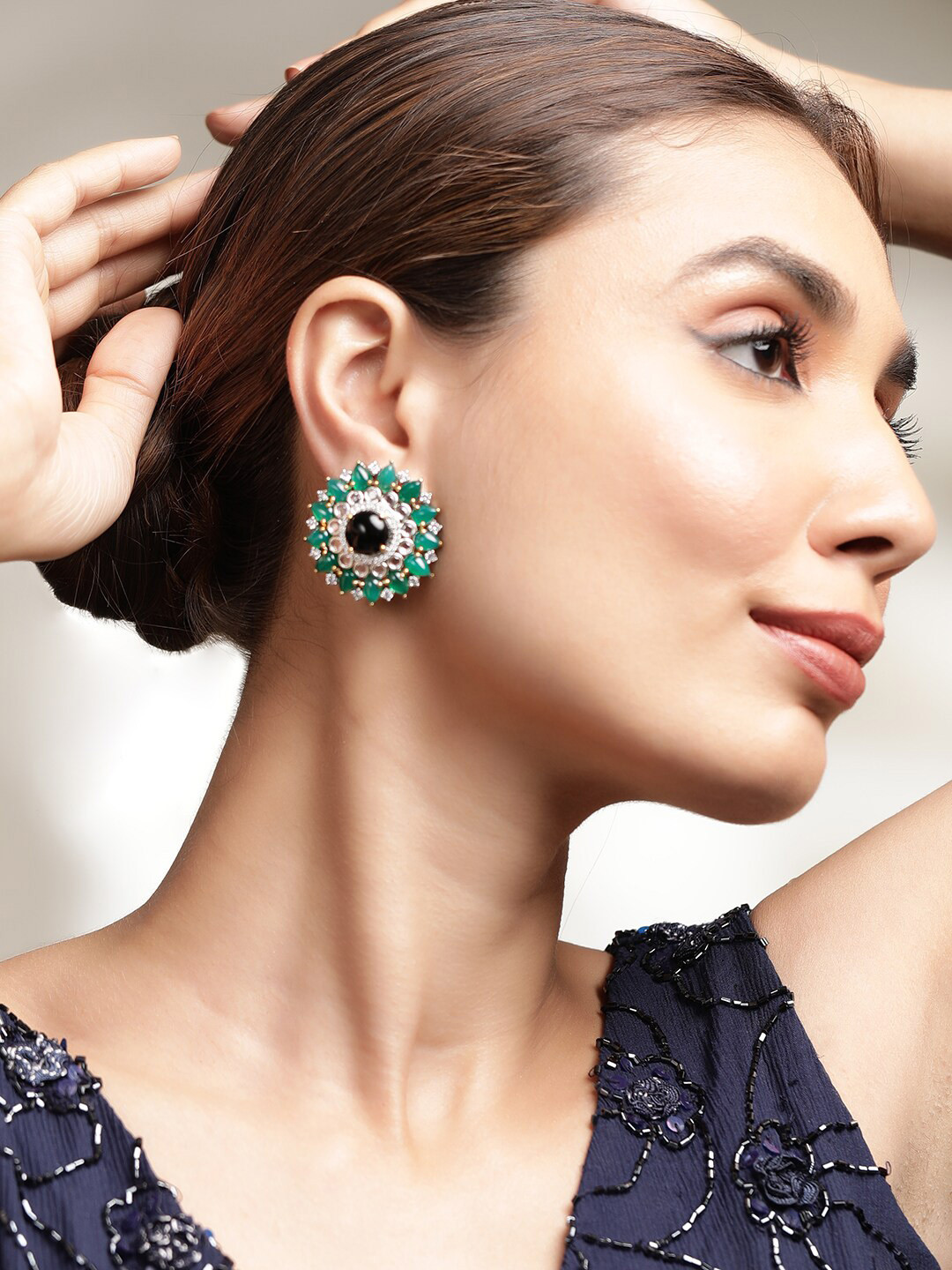 Rubans Premium Rhodium Plated Black & Green Gemstone and CZ Studded Sunflower Stud Earrings