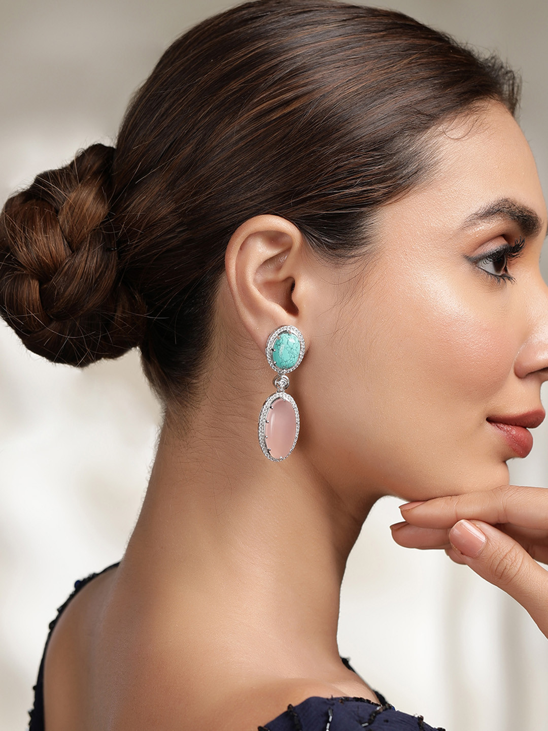 Rubans Premium Rhodium Plated Aqua Turquoise and Pink Gemstone Studded Dangle Earrings