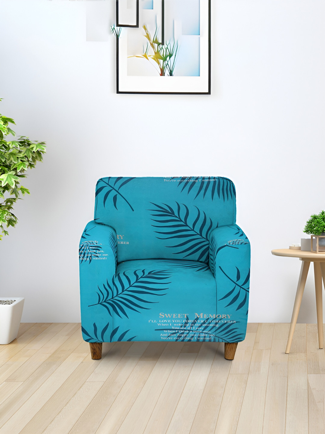Aura Elastic Stretchable Leaf Polyester Straight Single Seater Sofa Cover-57x35In