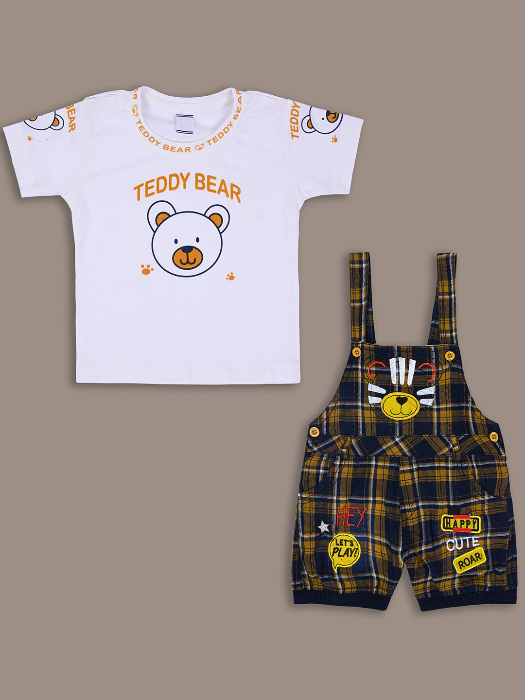 Wish Karo Infant Boys Cotton Checkered T-Shirt And Dungarees