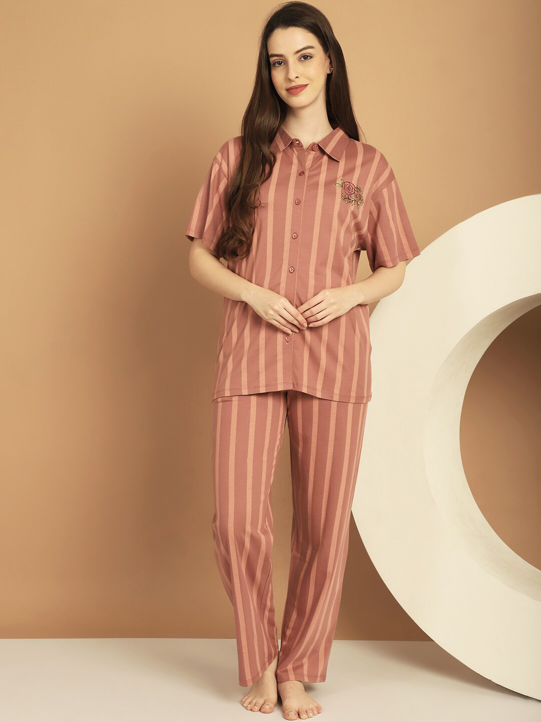 Kanvin Striped Short Sleeves Pure Cotton Shirt With Pyjamas