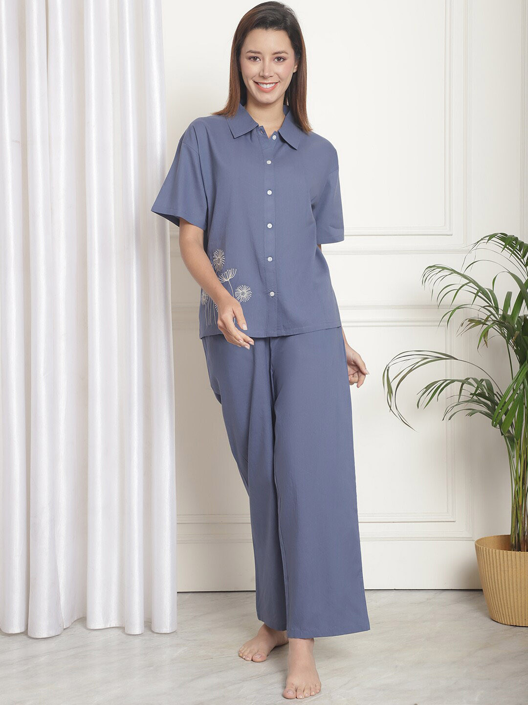 Kanvin Short Sleeves Pure Cotton Shirt With Pyjamas