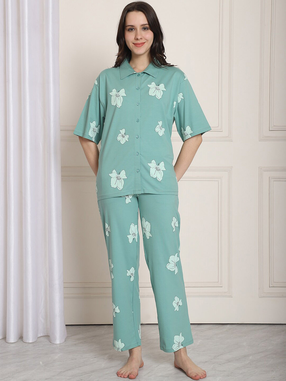 Kanvin Blue Floral Printed Shirt Collar Pure Cotton Shirt & Pyjama