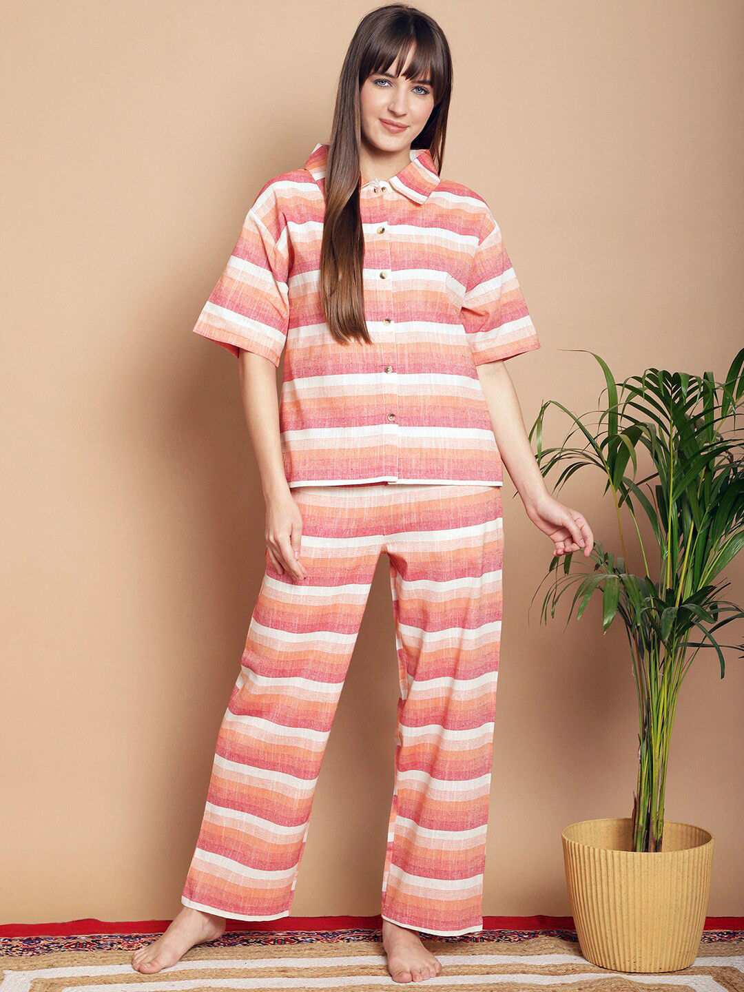 Kanvin Orange Striped Shirt Collar Pure Cotton Shirt & Pyjama