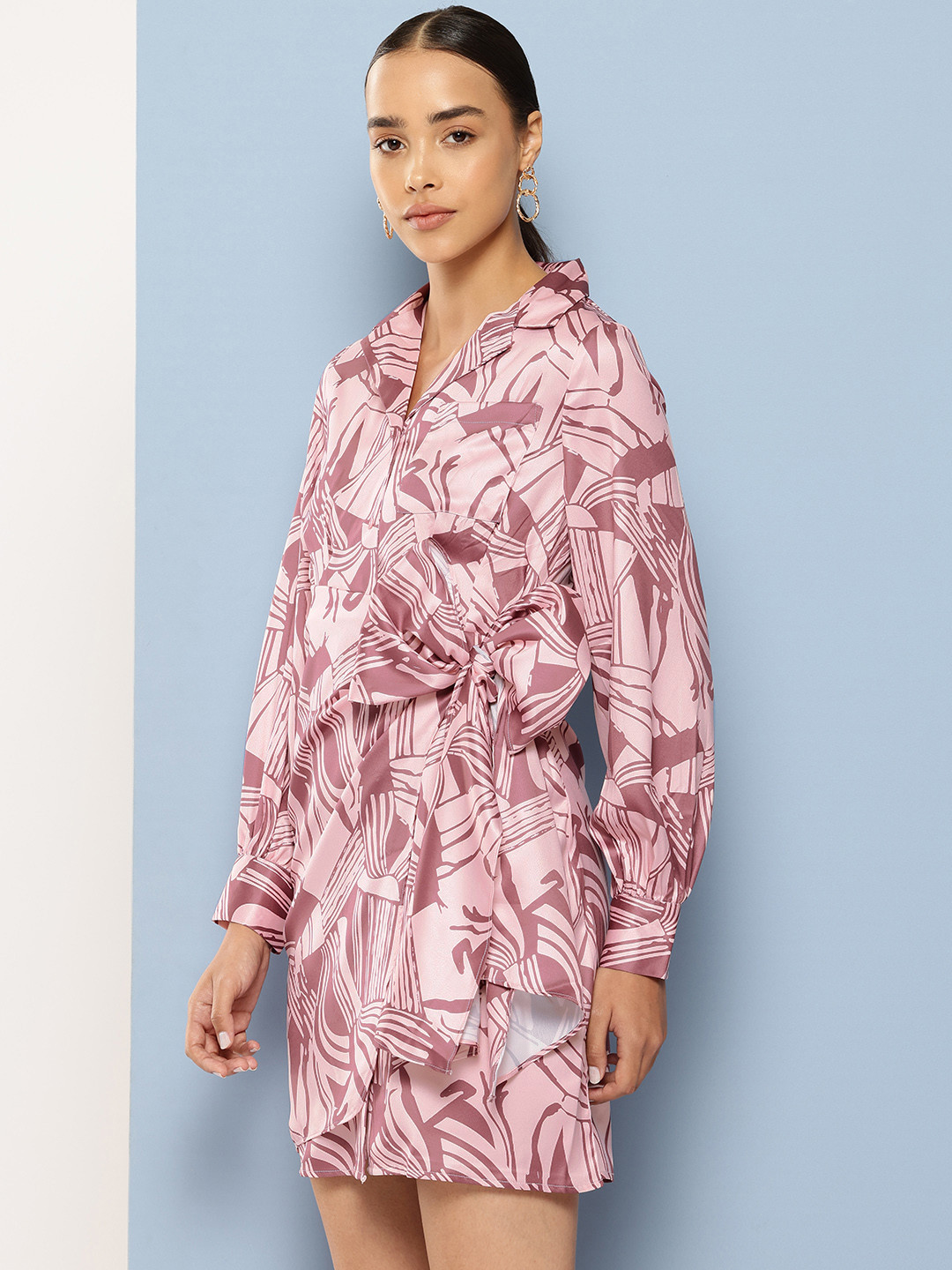 Chemistry Printed Satin Finish Front Bow Shirt Dress