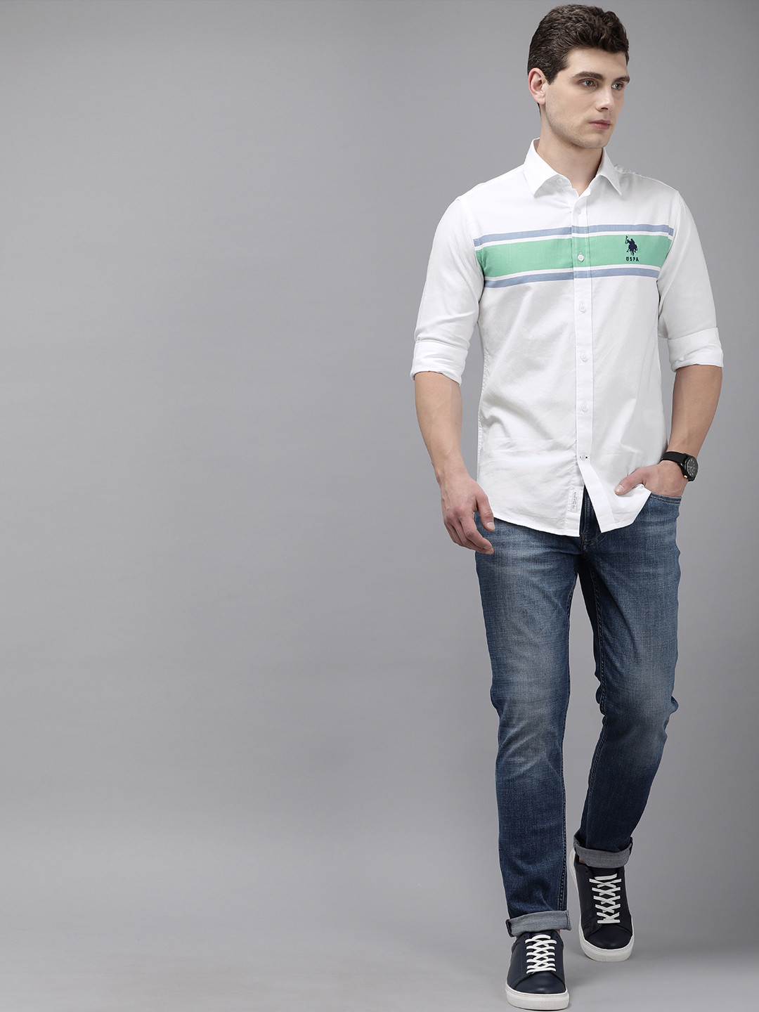 U.S. Polo Assn. Pure Cotton Tailored Fit Horizontal Stripes Opaque Casual Shirt