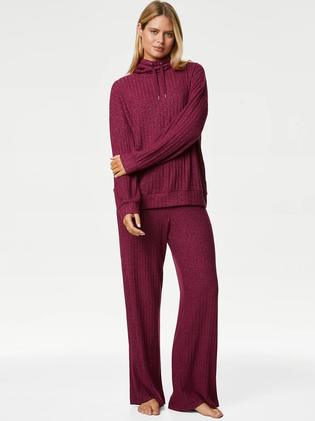 Marks & Spencer Striped High Neck Sparkly Night Suit