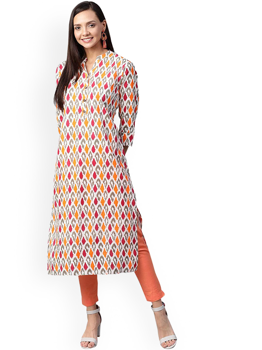 Haute and Humble Ethnic Motifs Printed Mandarin Collar Pure Cotton Straight Kurta