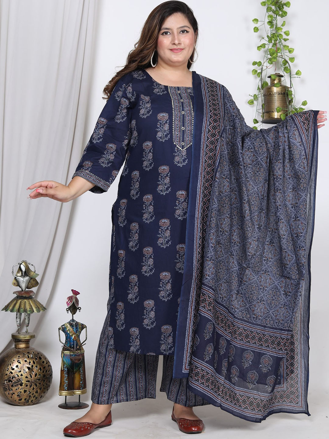 KALINI Plus Size Floral Printed Sequinned Pure Cotton Kurta With Trousers & Dupatta