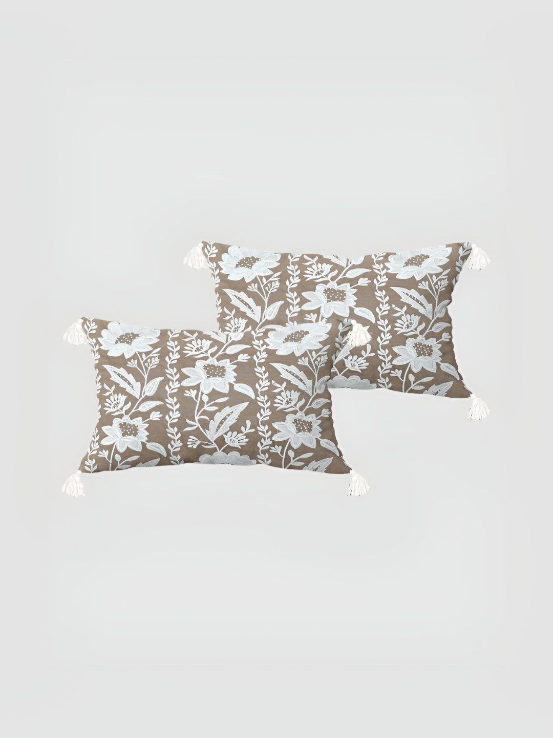 SHADES of LIFE Khaki Floral Cotton 2 Piece Embroidered Rectangle Cushion Covers -12x18In