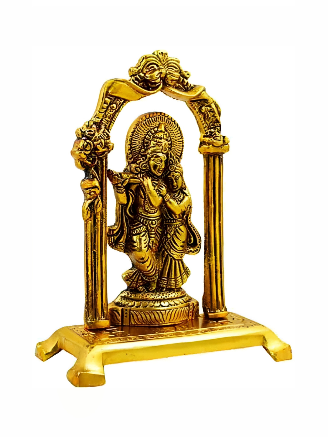Navyaksh Radha Krishna in Temple Gold Aluminium Metallic Prayer Room Small Showpiece - 7.1 Inches