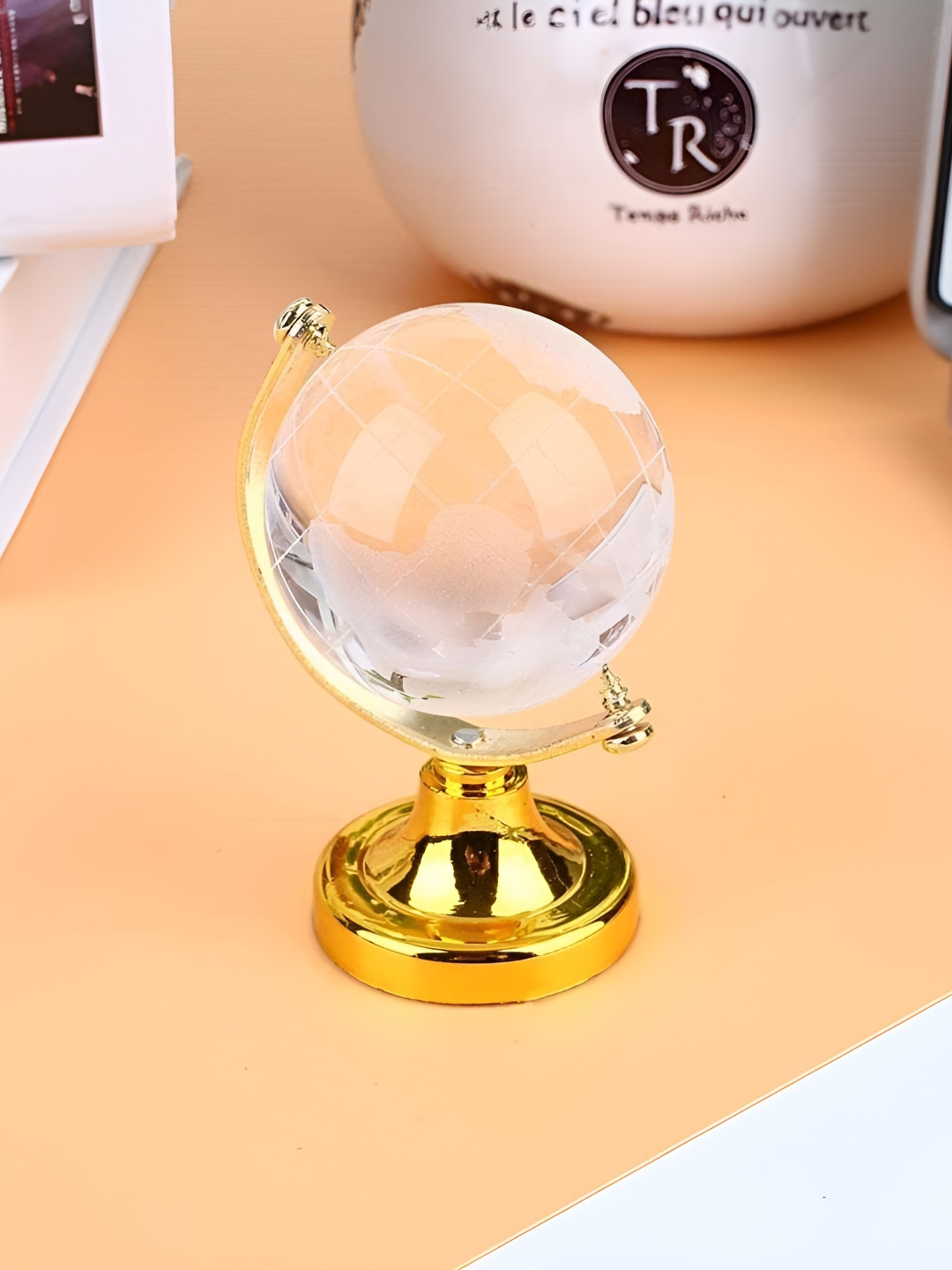 Navyaksh Earth Globe White Glass Glossy Living Room Tiny Showpiece - 1.6 Inches