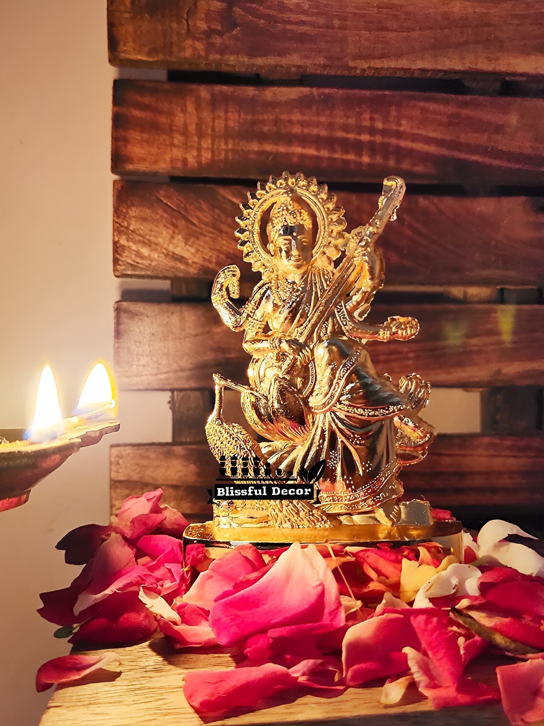 Navyaksh Saraswati Gold Metal Metallic Prayer Room Small Showpiece - 4.7 Inches