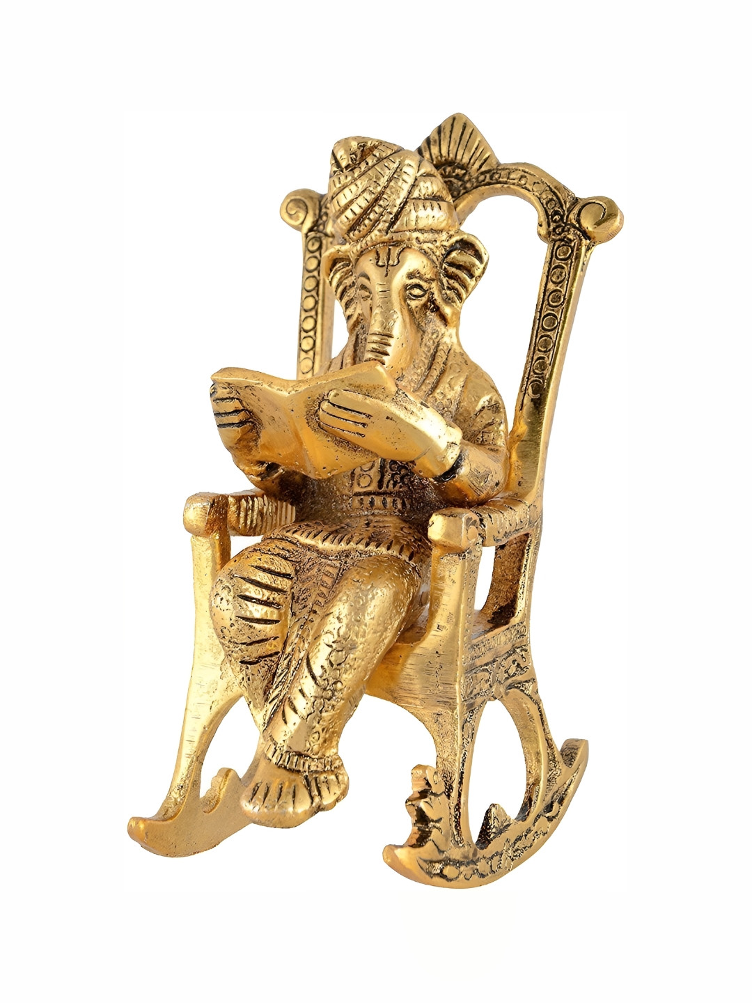 Navyaksh Ganesh Ji Sitting on Chair Gold Resin Glossy Prayer Room Small Showpiece - 4.3 Inches