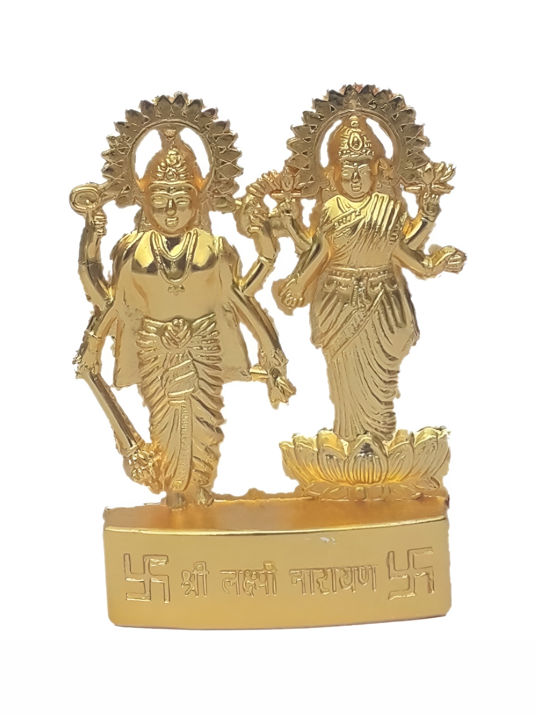 Navyaksh Standing Vishnu Laxmi Gold Brass Metallic Prayer Room Small Showpiece - 2.8 Inches