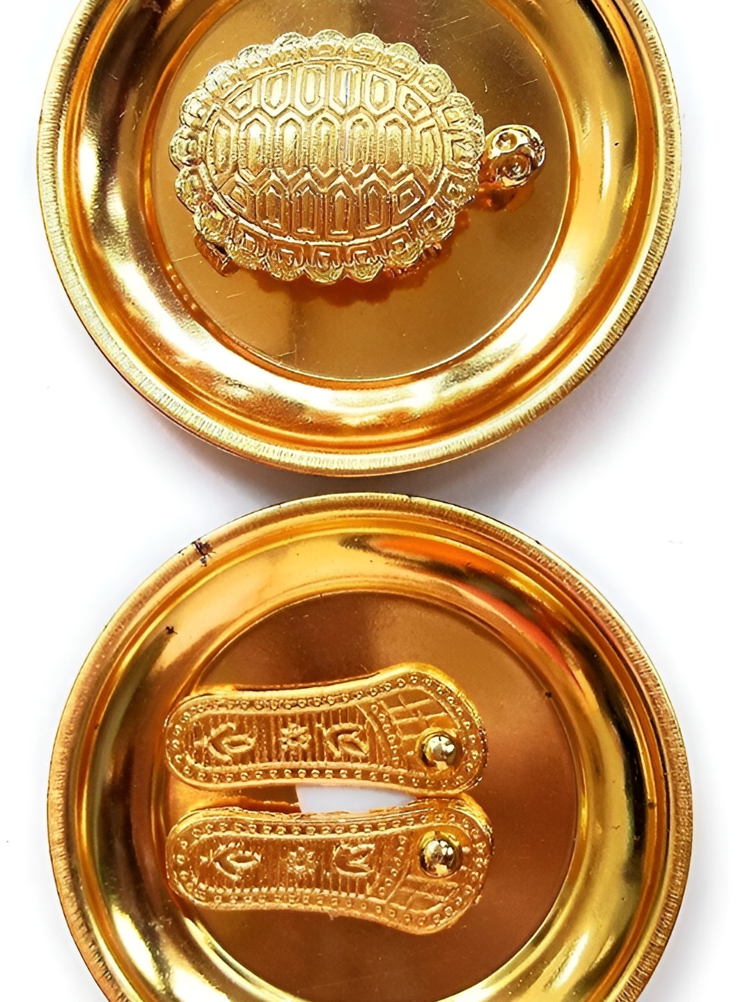 Navyaksh Kachua Plate and Laxmi Charan Gold Brass Metallic Prayer Room Set of 4 Tiny Showpieces - 1.2 Inches
