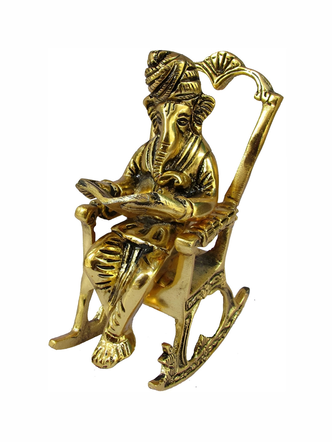 Navyaksh Ganesh Ji Sitting on Chair Gold Metal Metallic Prayer Room Small Showpiece - 5.5 Inches