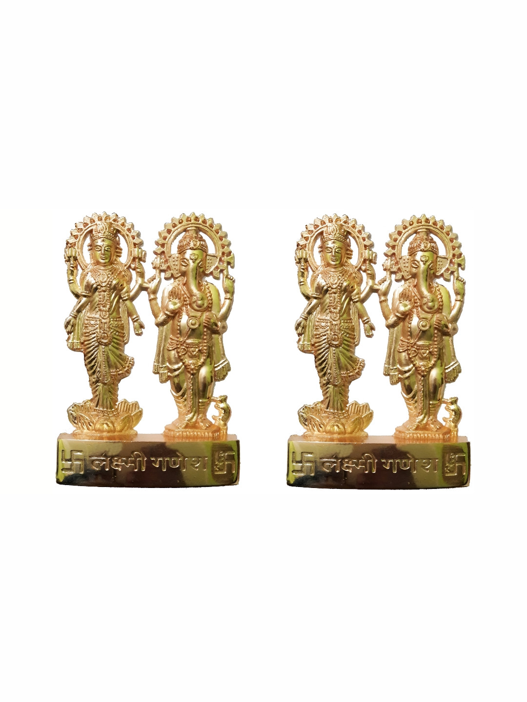Navyaksh Standing Laxmi Ganesh Gold Metal Metallic Prayer Room Set of 2 Small Showpieces - 3.9 Inches