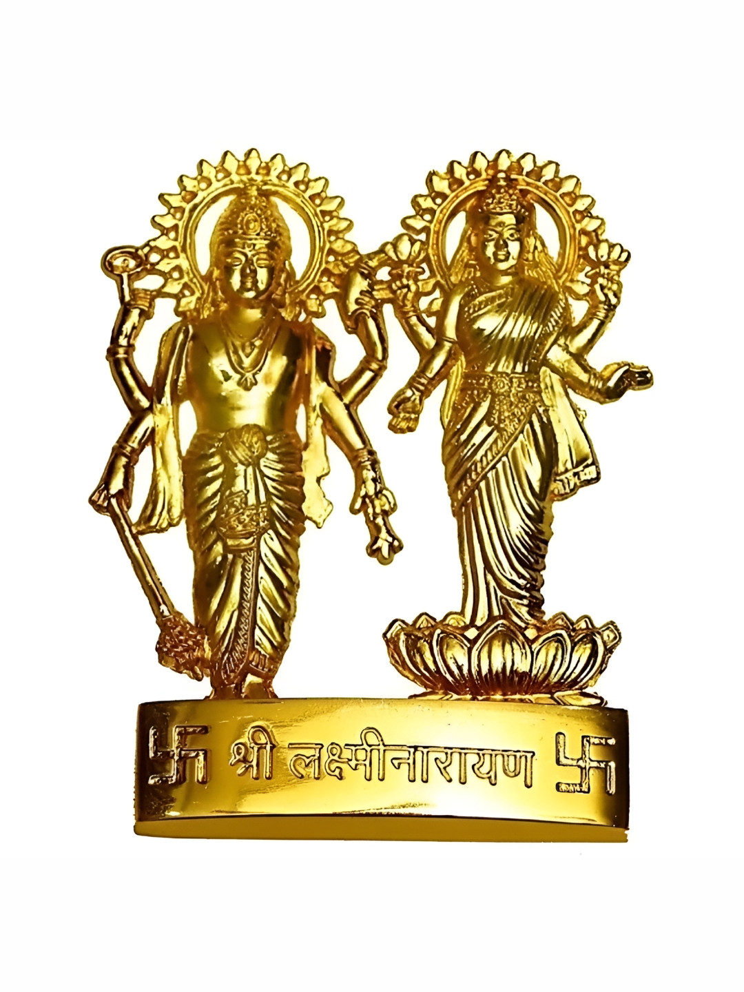 Navyaksh Standing Vishnu Laxmi Gold Metal Metallic Prayer Room Medium Showpiece - 3.9 Inches