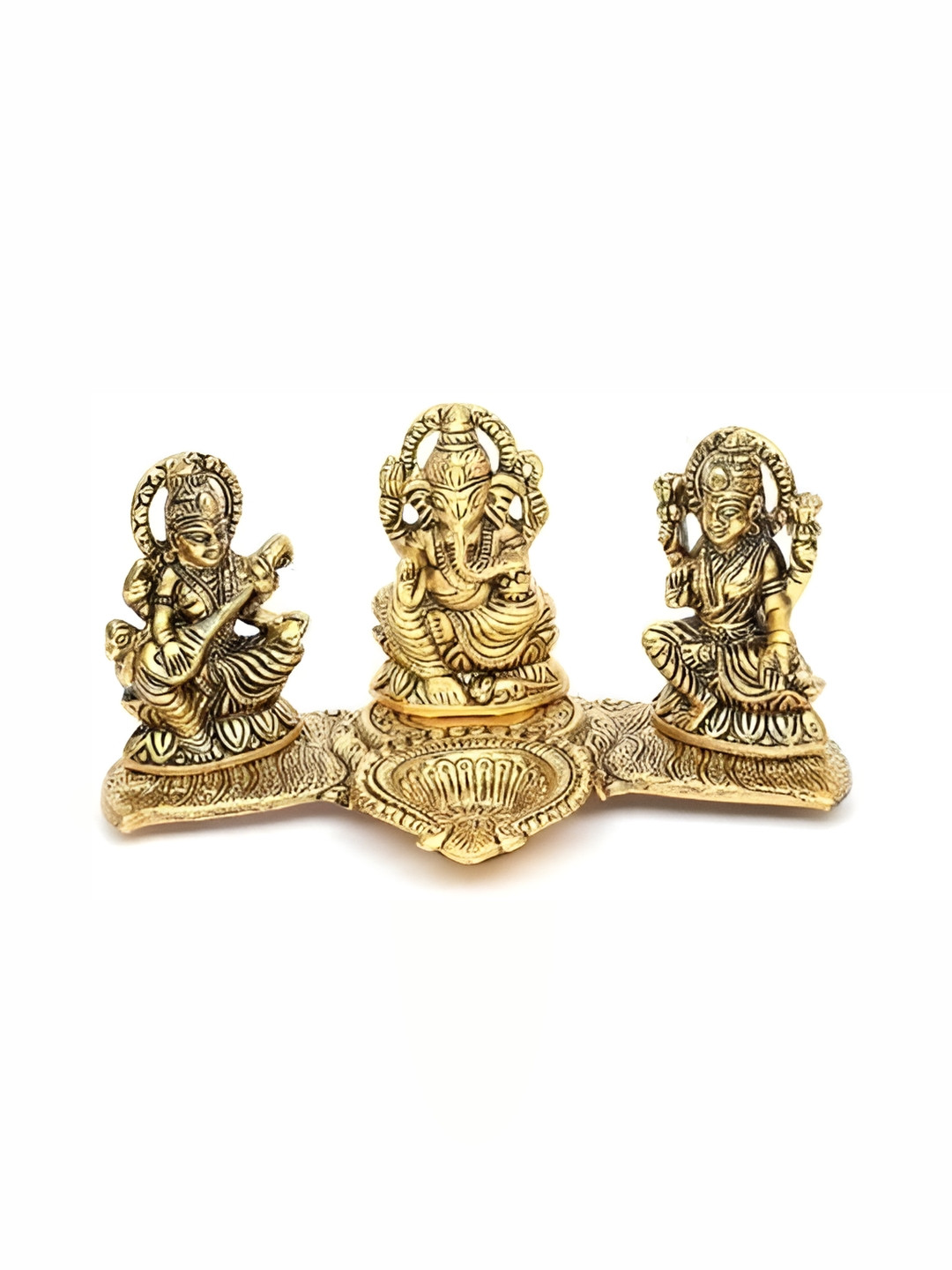 Navyaksh Ganesh Lakshmi and Saraswathi Gold Metal Metallic Prayer Room Small Showpiece - 4.7 Inches