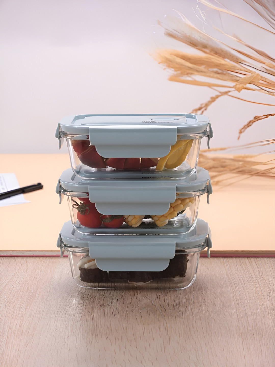The Better Home Set Of 3 Blue Borosilicate Glass Lunch Boxes 410ml Each