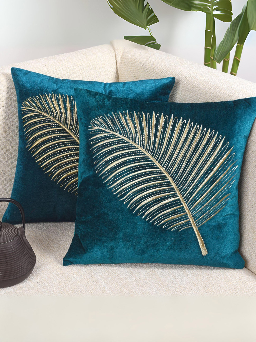 Decoghar Turquoise Zari Embroidered 3 Pieces Square Cushion Covers