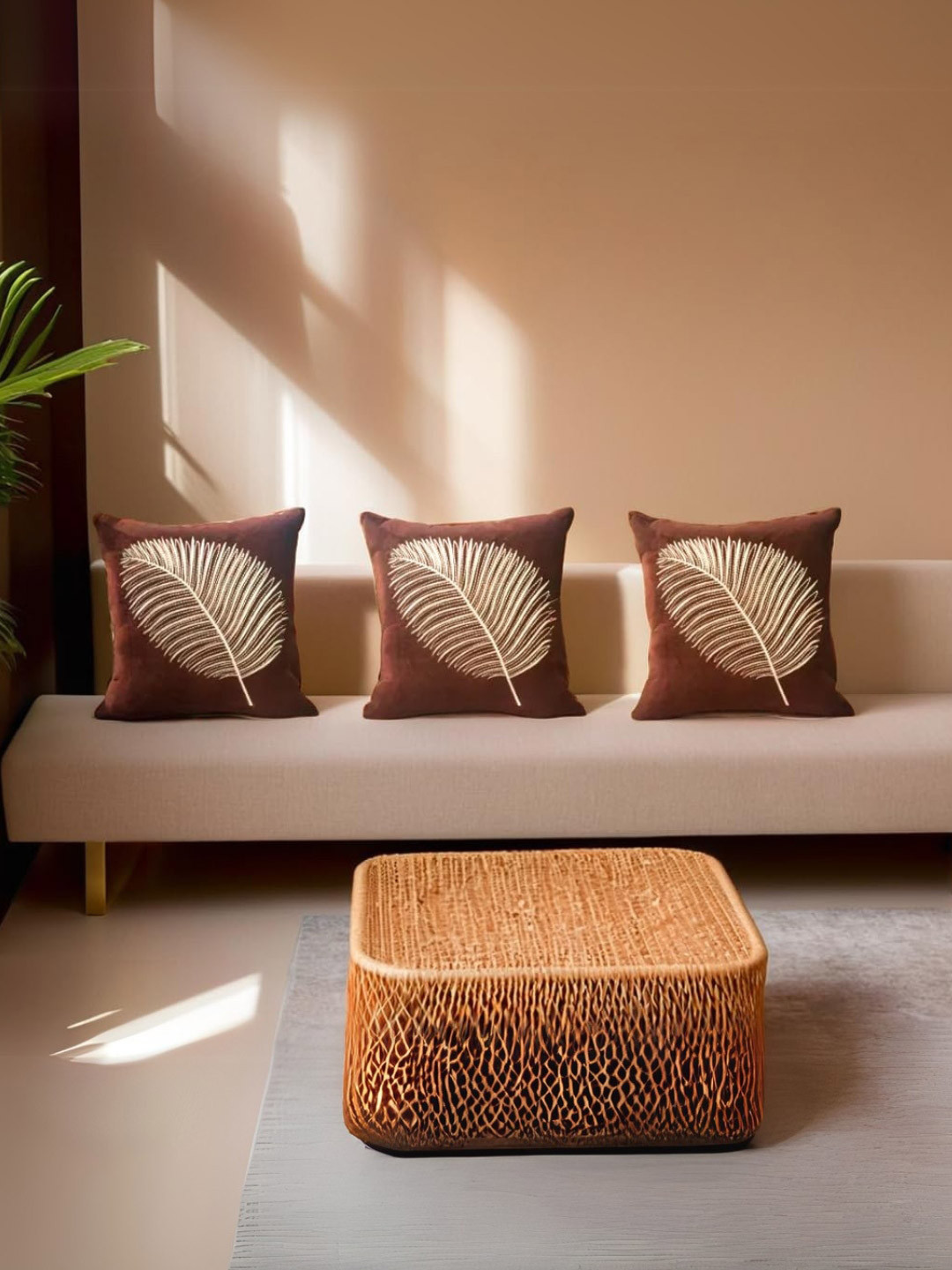 Decoghar Brown Zari Embroidered 2 Pieces Square Cushion Covers