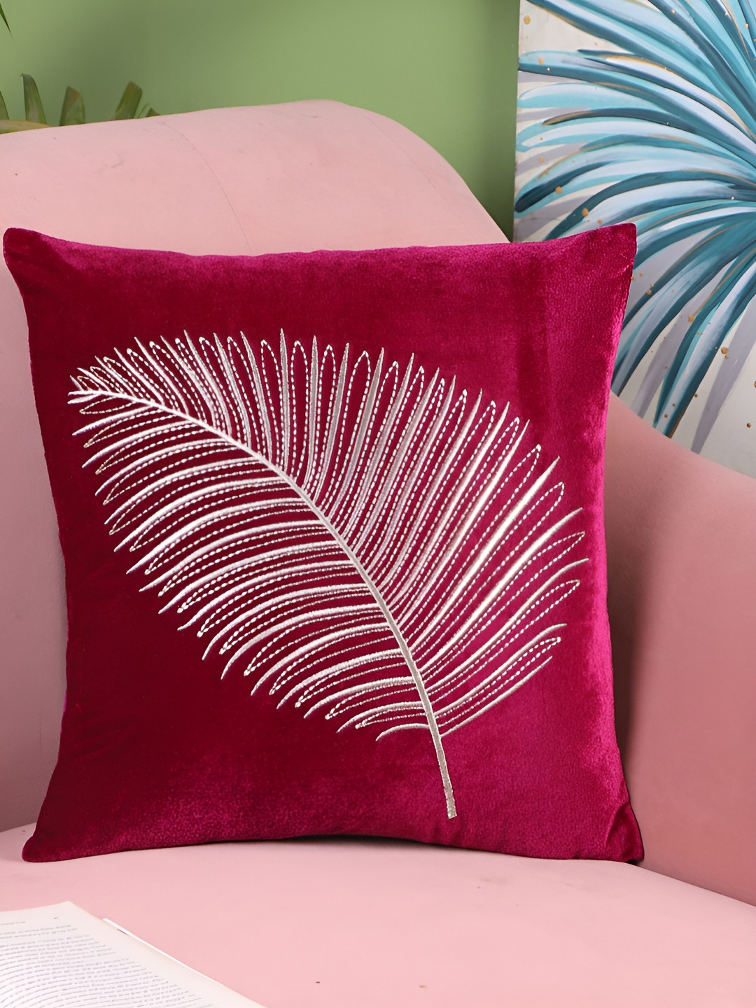 Decoghar Purple Leaf Polyester Washable 2 Piece Embroidered Square Cushion Covers -16x16In