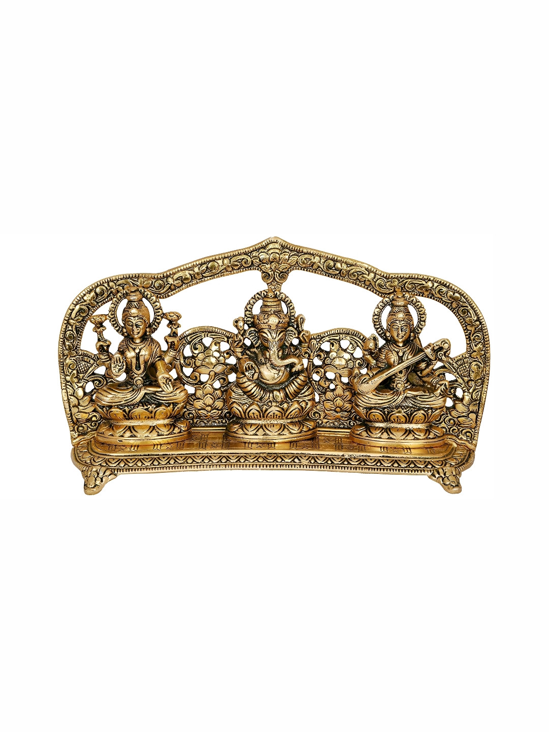 Navyaksh Laxmi Ganesh Saraswati in Temple Gold Brass Metallic Prayer Room Small Showpiece - 5.5 Inches