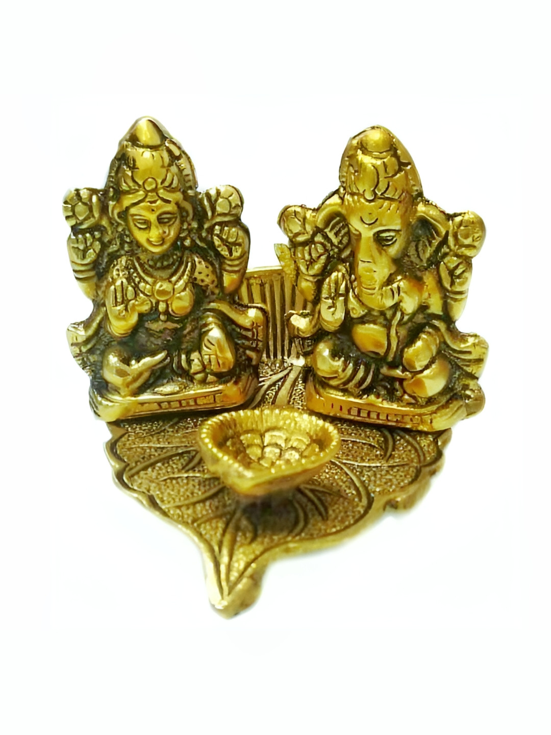Navyaksh Patta Laxmi Ganesh with Diya Gold Brass Metallic Prayer Room Small Showpiece - 4.3 Inches