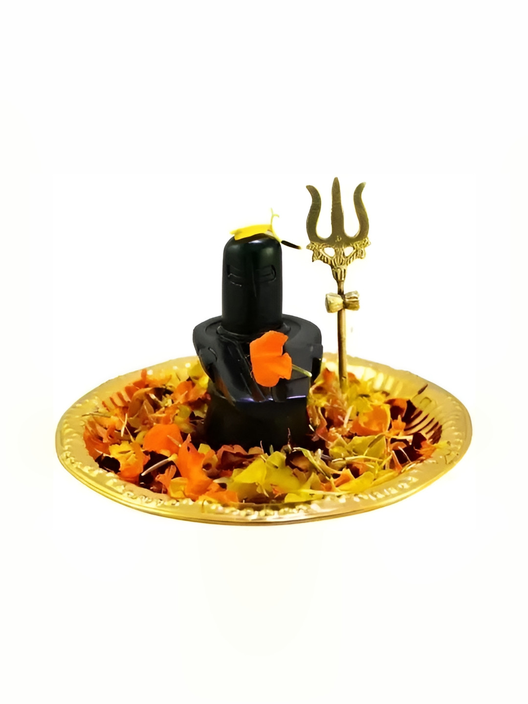 Navyaksh Shivling with Plate and Trishul Gold Brass Metallic Prayer Room Set of 3 Small Showpieces - 2.4 Inches