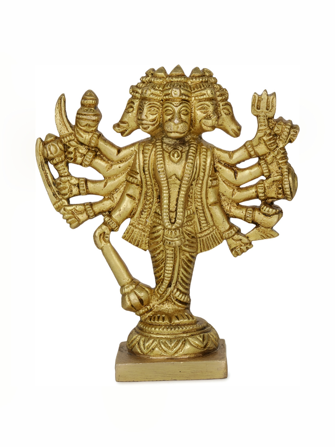 Navyaksh Standing Panchmukhi Hanuman Gold Brass Metallic Prayer Room Small Showpiece - 4.1 Inches