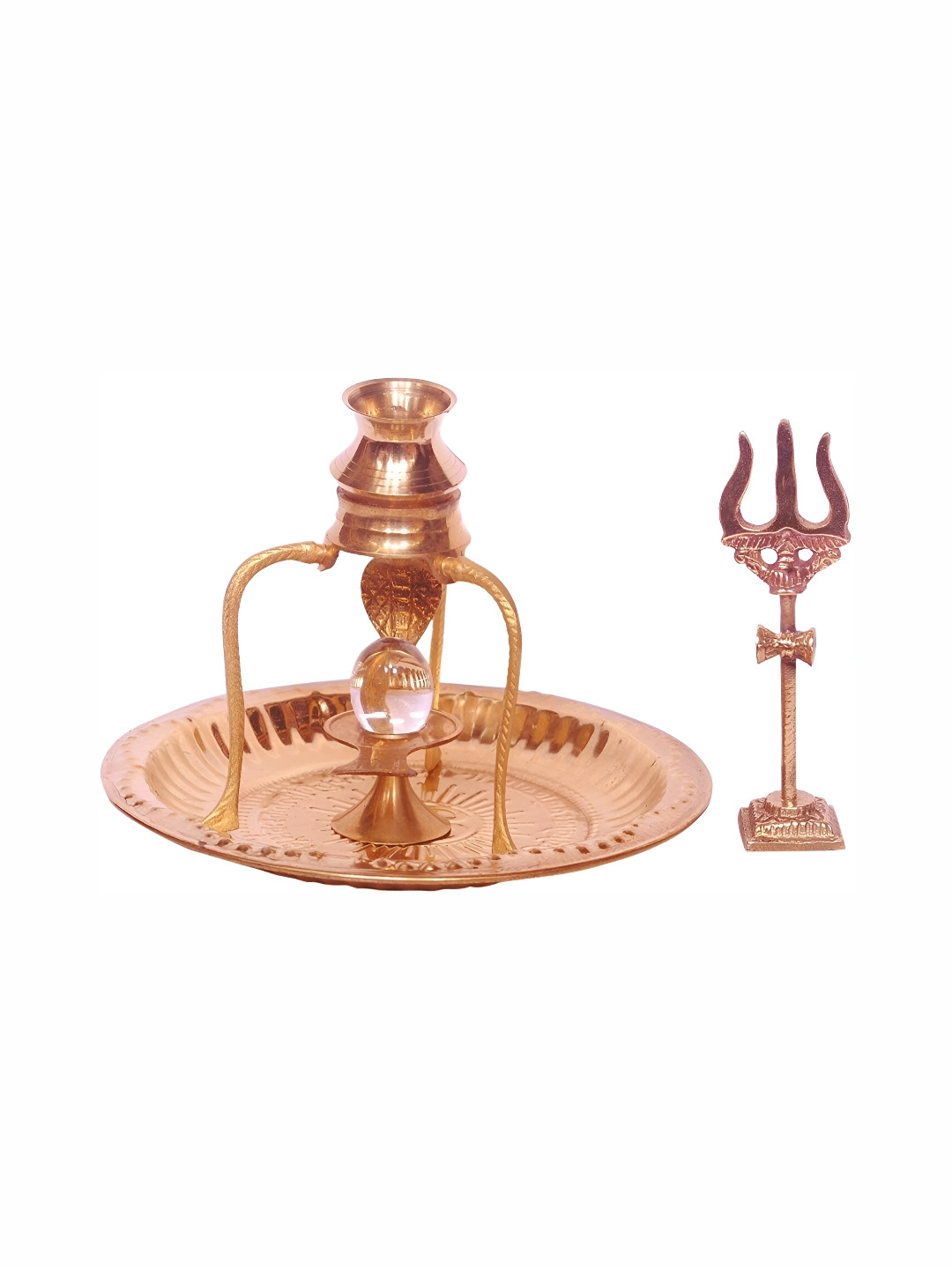 Navyaksh Plate Tipahe Trshul and Shivli Pind Copper Brass Metallic Living Room Set of 6 Medium Showpieces - 3.1 Inches