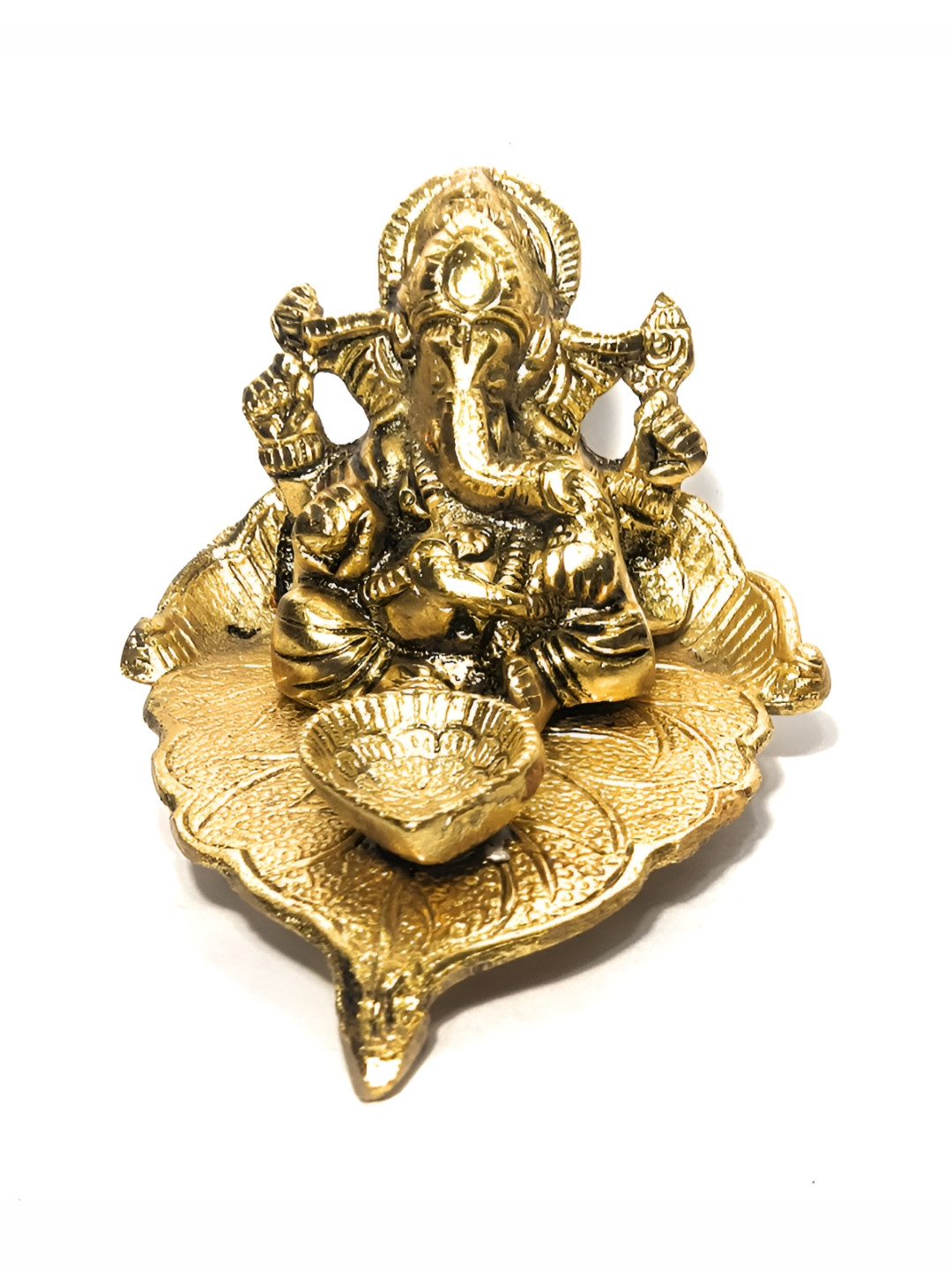 Navyaksh Ganesh with Diya Gold Iron Metallic Prayer Room Small Showpiece - 3.5 Inches