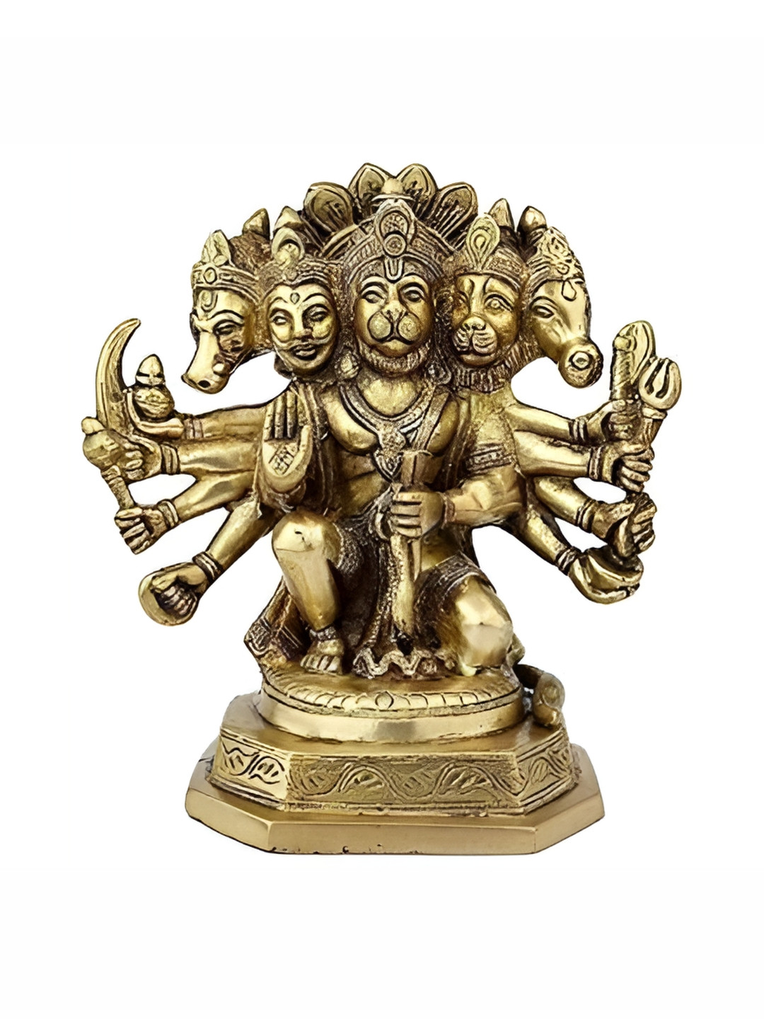 Navyaksh Panchmukhi Hanuman Gold Brass Metallic Prayer Room Small Showpiece - 3.1 Inches