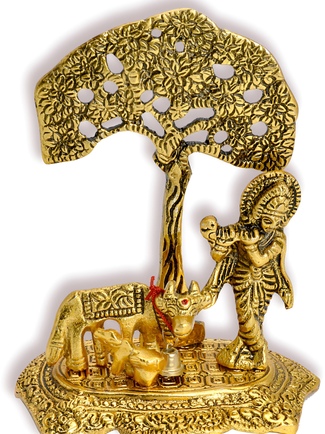 Navyaksh Krishna with Cow Under Tree Gold Brass Metallic Prayer Room Small Showpiece - 6.1 Inches