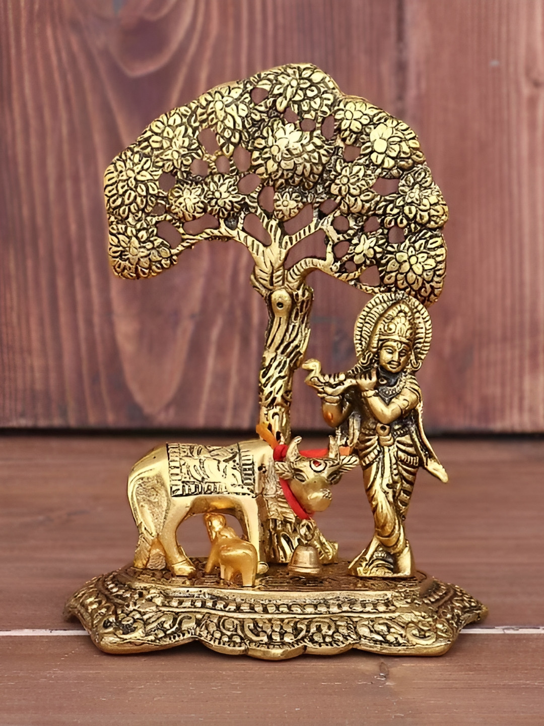 Navyaksh Krishan Ji with Cow Under Tree Gold Metal Metallic Prayer Room Small Showpiece - 6.7 Inches