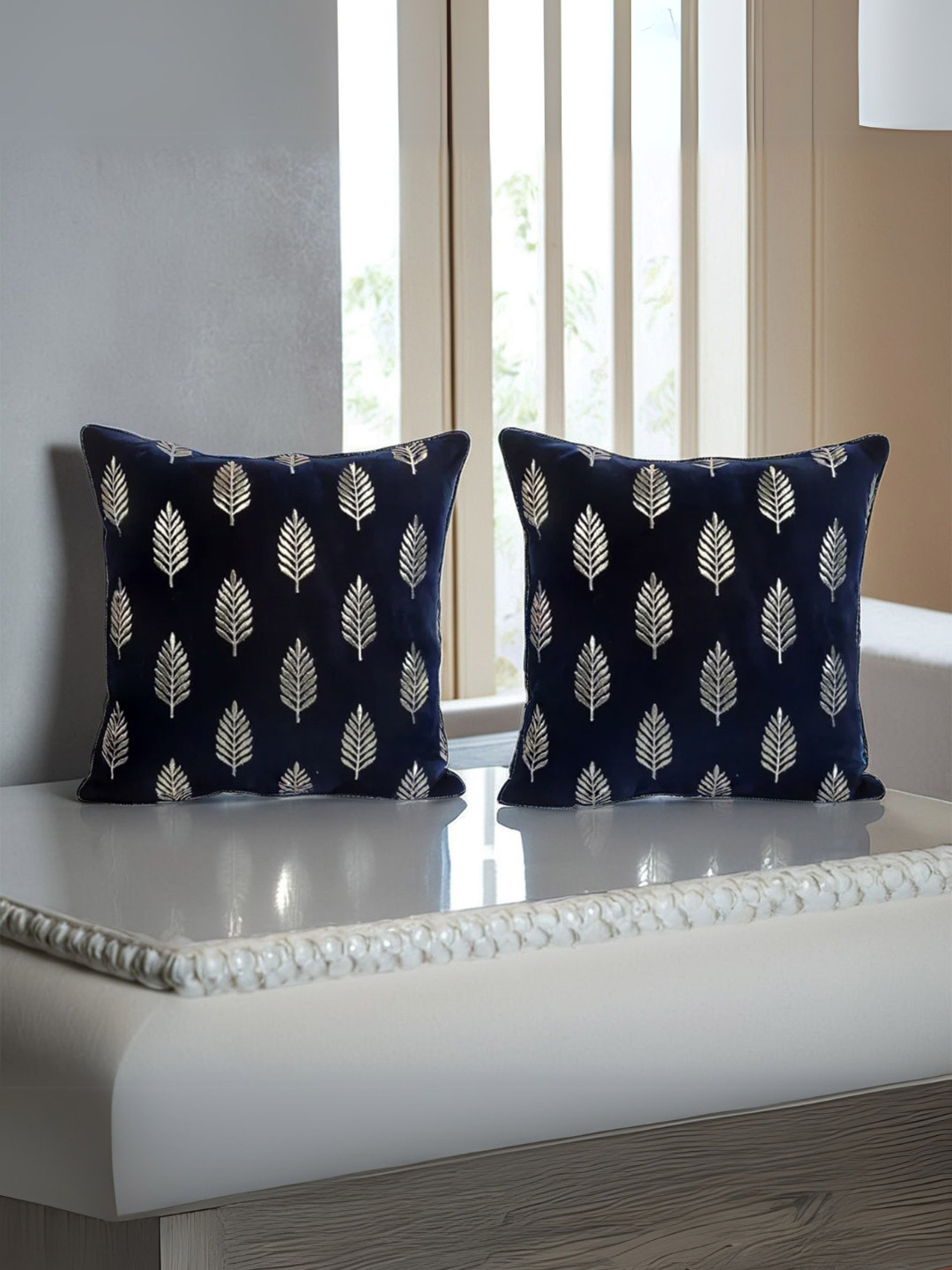 Decoghar Leaf Embroidered Polyester Washable 2 Pcs Textured Cushion Covers - 16x16In