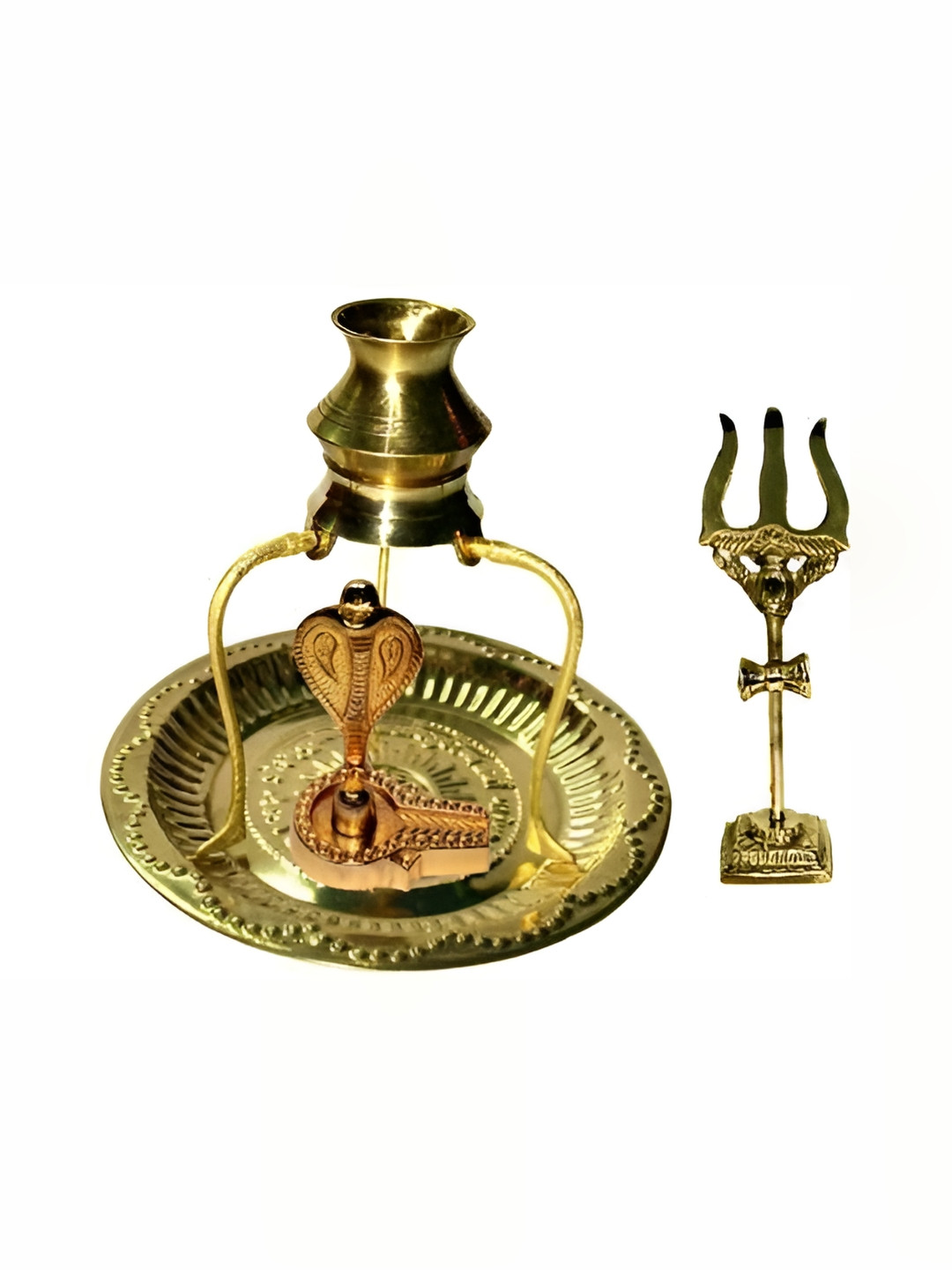 Navyaksh Plate Tipahee Loti Trishul Shivling Gold Brass Metallic Prayer Room Set of 5 Tiny Showpieces - 5.5 Inches