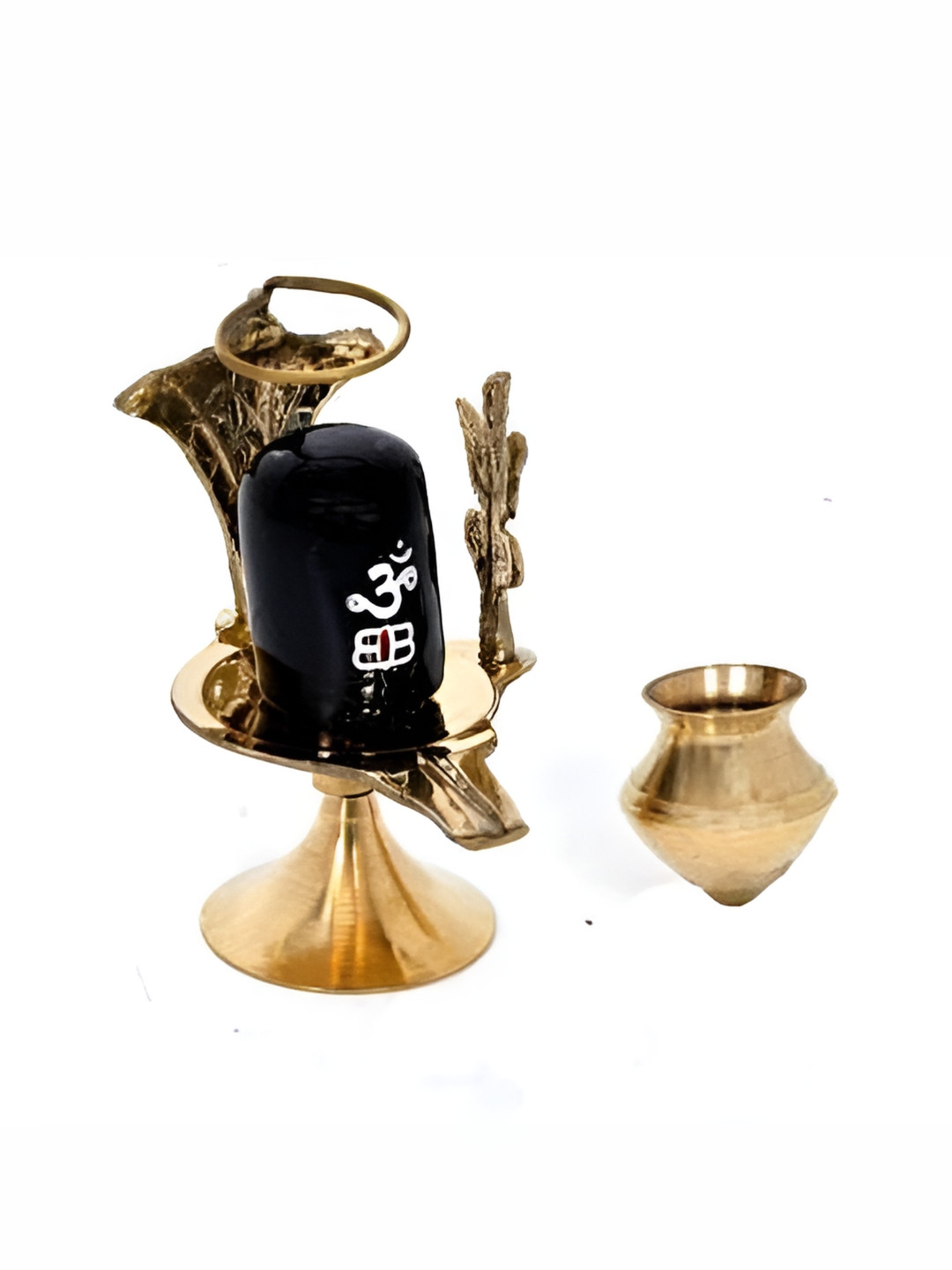 Navyaksh Shivling Pathar with Trishul Gold Brass Metallic Prayer Room Set of 3 Small Showpieces - 3 Inches