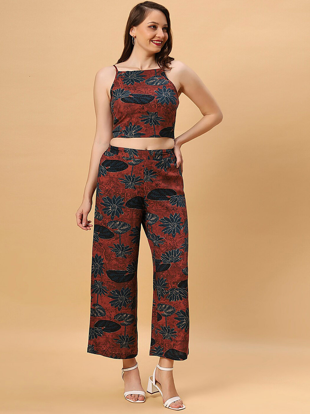 DressBerry Red Printed Crop Top & Palazzos Co-Ords